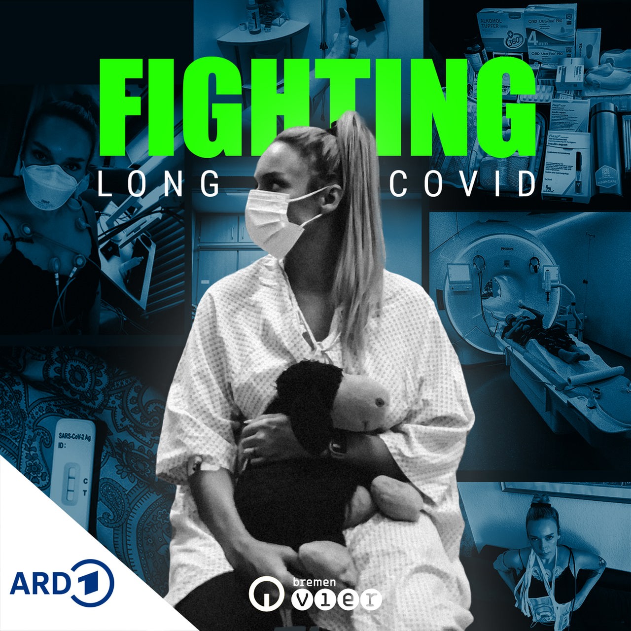 Podcast-Kachel zeigt eine Frau im OP-Hemd und mit OP-Maske, darauf der Schriftzug "Fighting Long Covid"