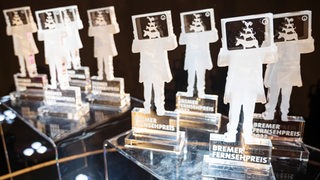 Trophäen des Bremer Fernsehpreises stehen auf einem Tisch der Jury-Mitglieder beim Bremer Fernsehpreis