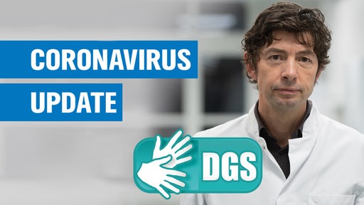 Professor Christian Drosten neben Schriftzug: Coronavirus Update, sowie DGS-Symbol