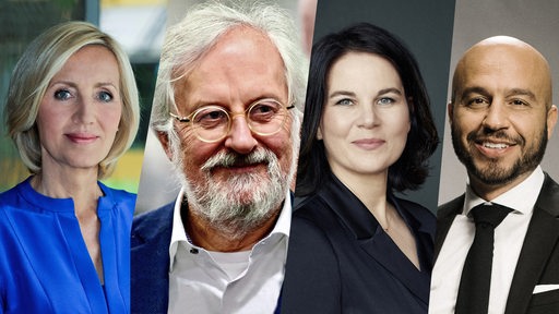 Collage zeigt Petra Gerster, Christian Nürnberger, Annalena Baerbock und Dar Salim