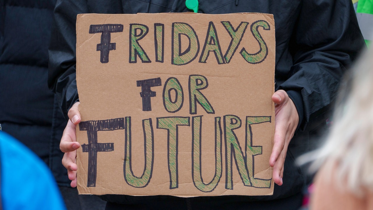 Ein Kundgebungsteilnehmer hält ein Schild mit der Aufschrift "Fridays for Future" in seinen Händen.