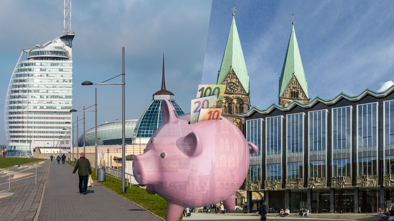 Collage zeigt die Skyline von Bremerhaven, die Bürgerschaft und den Dom in Bremen und davor ein Sparschwein mit Euroscheinen im Schlitz.
