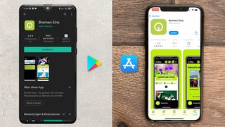 Die Bremen-Eins-App, links im Google Play Store, rechts im Apple App Store