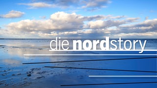 Wattenmeer und Wolkenhimmel, darüber der Schriftzug Nordstory