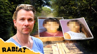 Reihenbild Rabiat "Entführte Kinder". Ein Mann neben den verpixelten Bildern von zwei Kindern.
