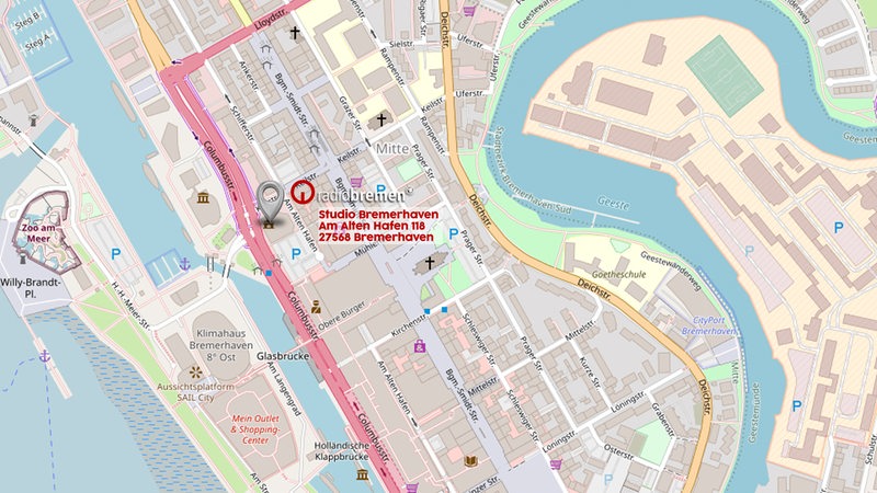 Grafik mit Stadtplan und Adresse des Studios in Bremerhaven: Am Alten Hafen 118,  27568 Bremerhaven