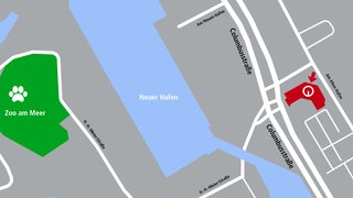 Stadtplan-Ausschnitt von Bremerhaven als Grafik zeigt Standort des Radio-Bremen-Studios in Bremerhaven