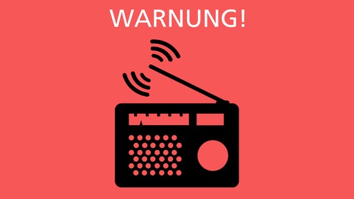 Ein Radio mit Antenne und der Schriftzug "Warnung" vor rotem Hintergrund