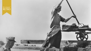 Historisches Foto zeigt Torfstecher (Frau und Mann) bei der Arbeit.