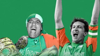 Podcast-Grafik mit Schriftzug "Das Werder-Märchen", Ailton mit Pokal und Frank Baumann mit Meister-Schale