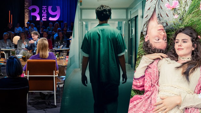 Collage: Szene aus "3nach9", Ein Mann in Klinikkleidung in einem Krankenhausflur, Märchenszene
